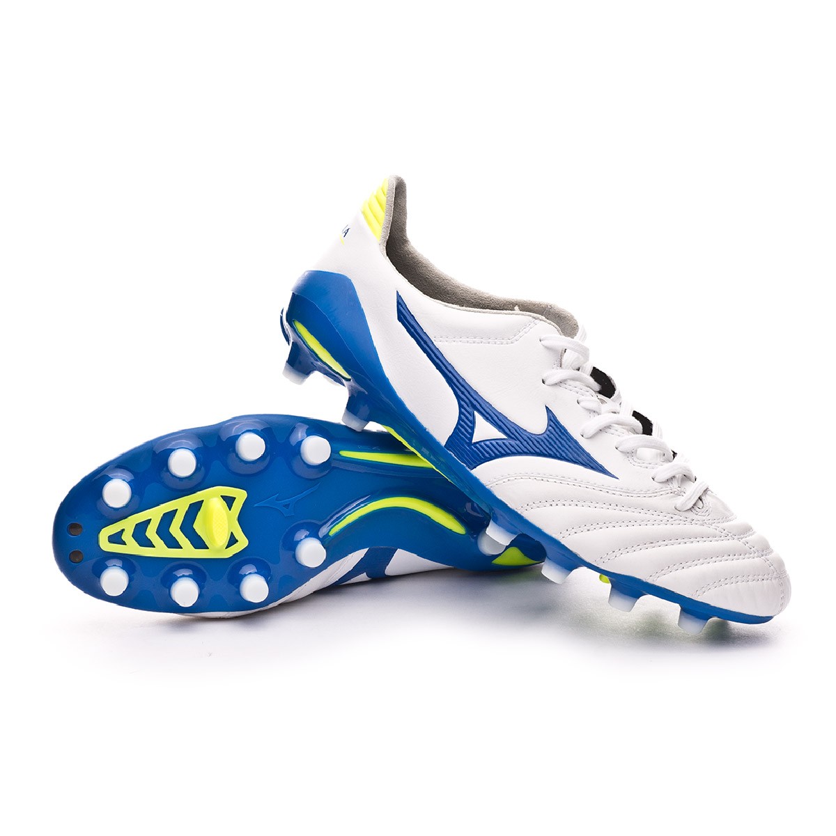 Football Boots Mizuno Morelia Neo II MD White-Wave cup blue-Safety yellow -  Football store Fútbol Emotion