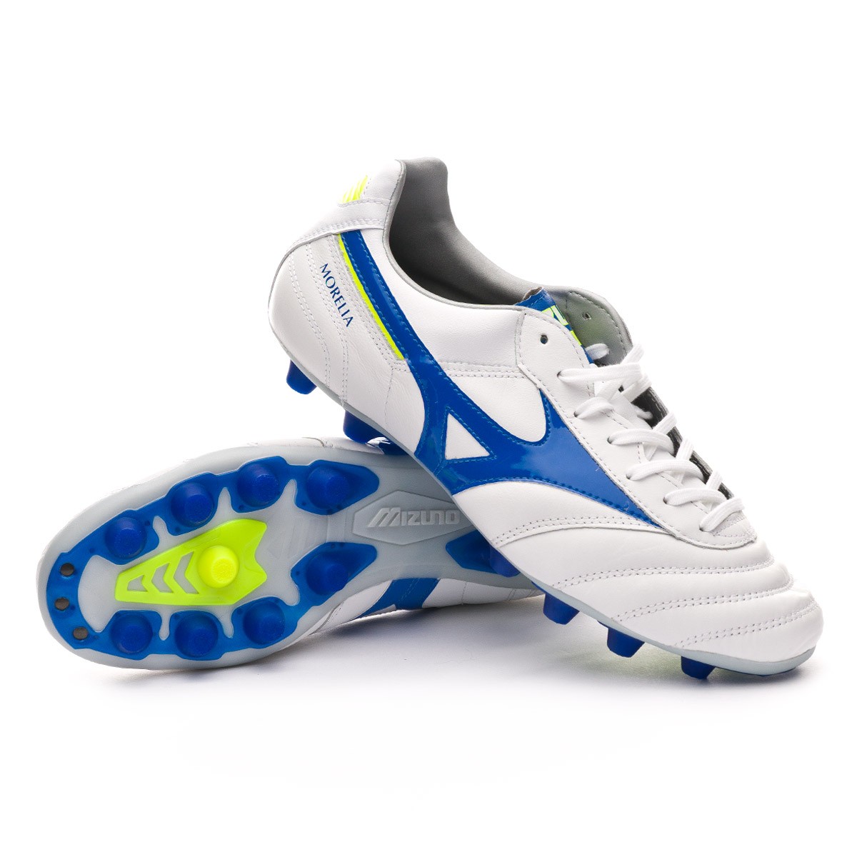 Football Boots Mizuno Morelia II MD White-Wave cup blue-Safety yellow -  Football store Fútbol Emotion