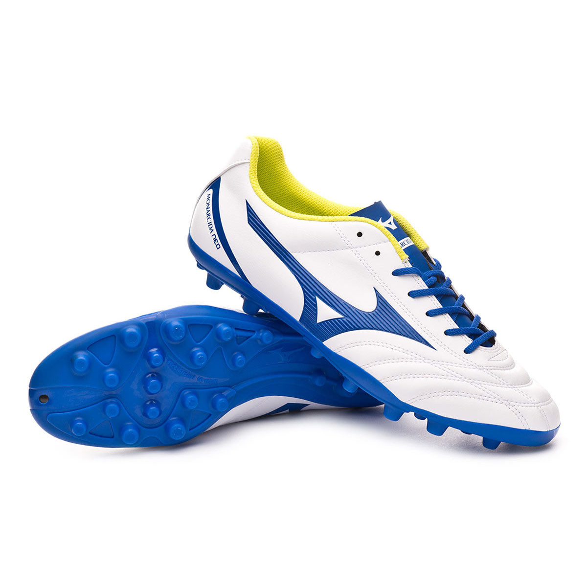 Football Boots Mizuno Monarcida Neo Select AG White-Mazzarine blue-Safety  yellow - Football store Fútbol Emotion