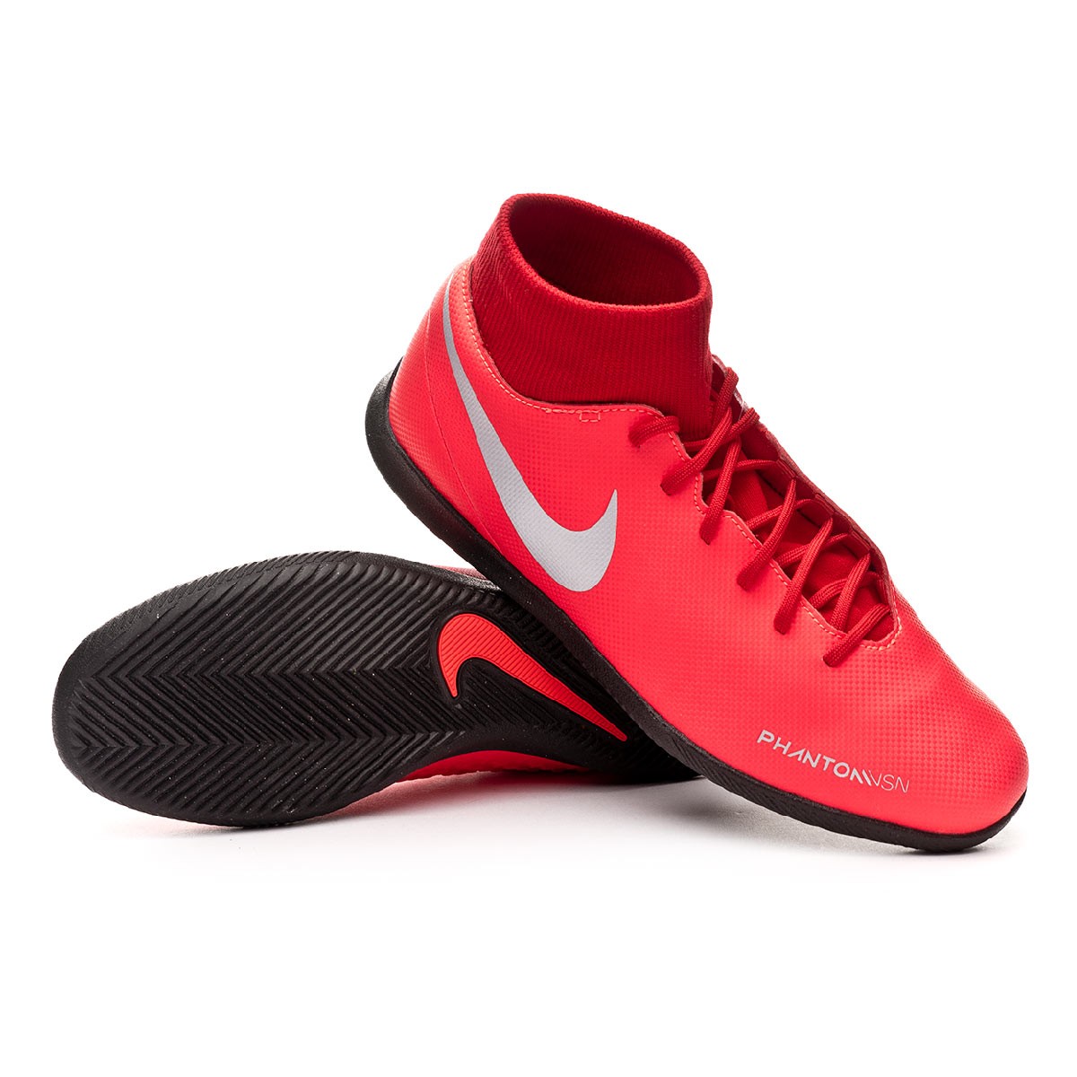 Futsal Boot Nike Phantom Vision Club DF IC Bright crimson-Metallic silver -  Football store Fútbol Emotion