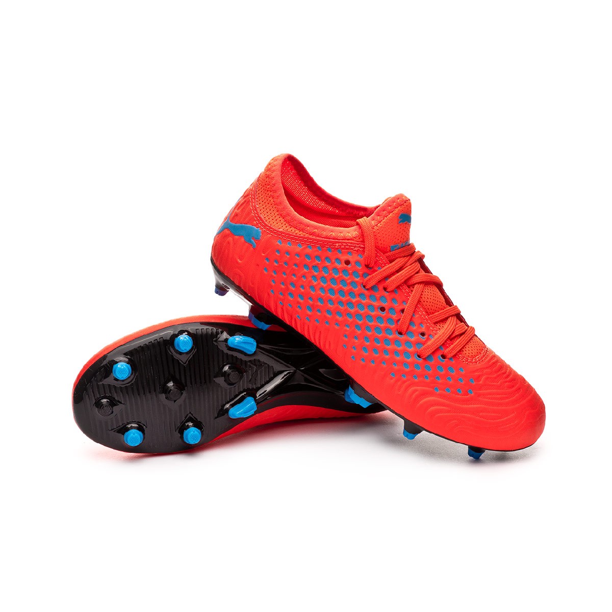 Football Boots Puma Kids Future 19 4 Fg Ag Red Blast Bleu Azur