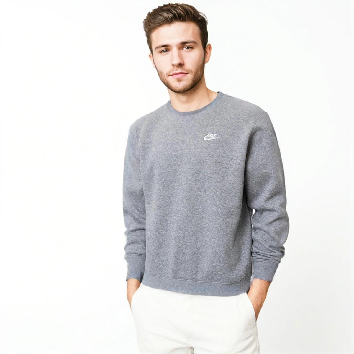 Sweatshirt Nike Sportswear Club Crew Fleece Dark Grey Heather White Futbol Emotion
