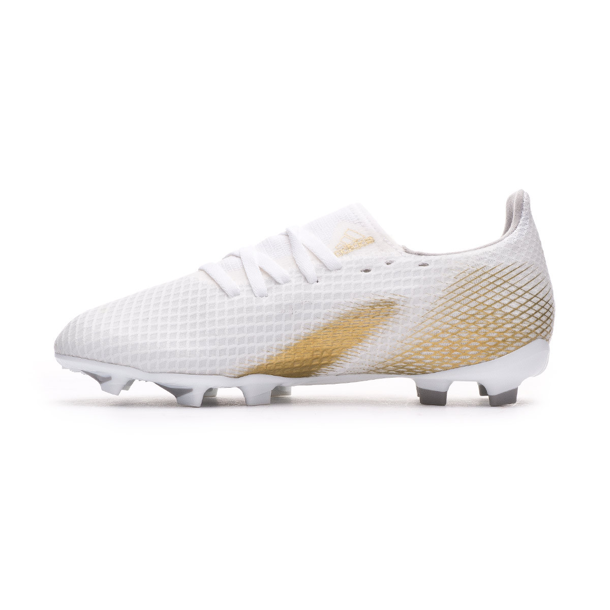 Guiño paquete irregular Bota de fútbol adidas X Ghosted.3 FG Niño White-Metallic gold melange-Grey two - Tienda de fútbol Fútbol Emotion Guiño paquete irregular Bota de fútbol adidas X Ghosted.3 FG Niño White-Metallic gold melange-Grey two - Tienda de fútbol Fútbol Emotion