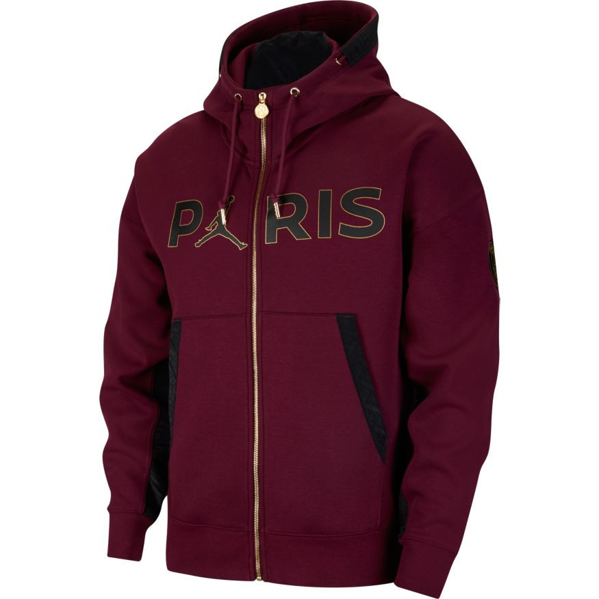 Jacket Nike Jordan X Paris Saint Germain Fleece Travel Full Zip 21 Bordeaux Black Metallic Gold Black Futbol Emotion