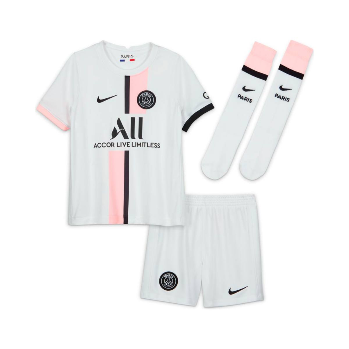 Kit Nike Kids Paris Saint-Germain Away Kit 2021-2022 White-Arctic  Punch-Black - Fútbol Emotion