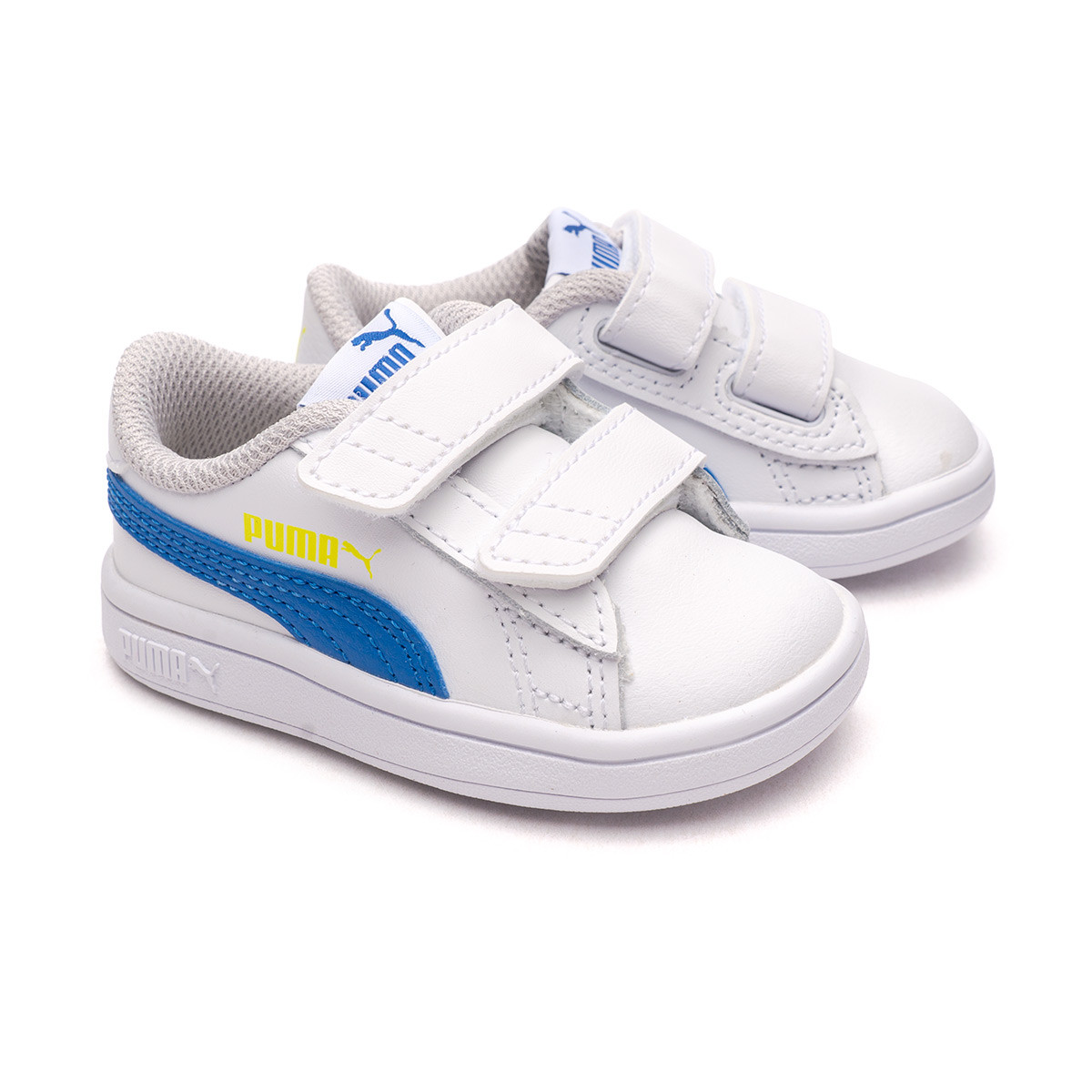 Zapatilla Puma Smash V2 L Cinta Adhesiva Niño White-Victoria Blue - Fútbol Emotion