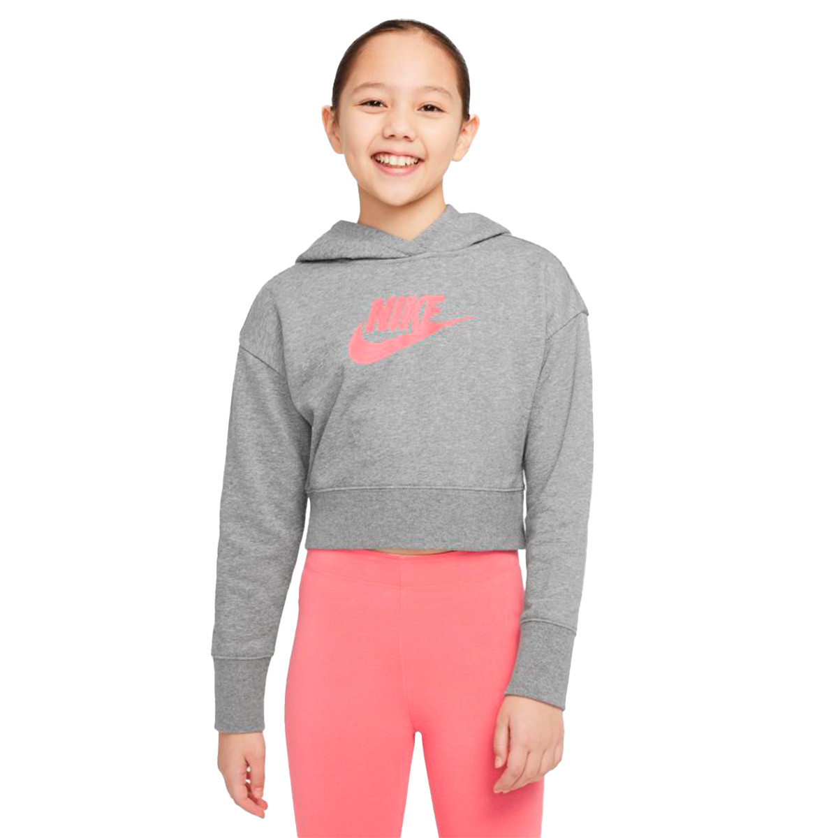 Sudadera Nike NSW Club Ft Crop Hoodie Hbr Niña Carbon Heather-Pink Salt -  Fútbol Emotion