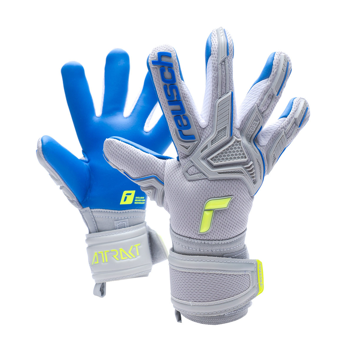 Glove Reusch Attrakt Freegel Silver Vapor Gray-Safety Yellow-Deep Blue - Fútbol Emotion
