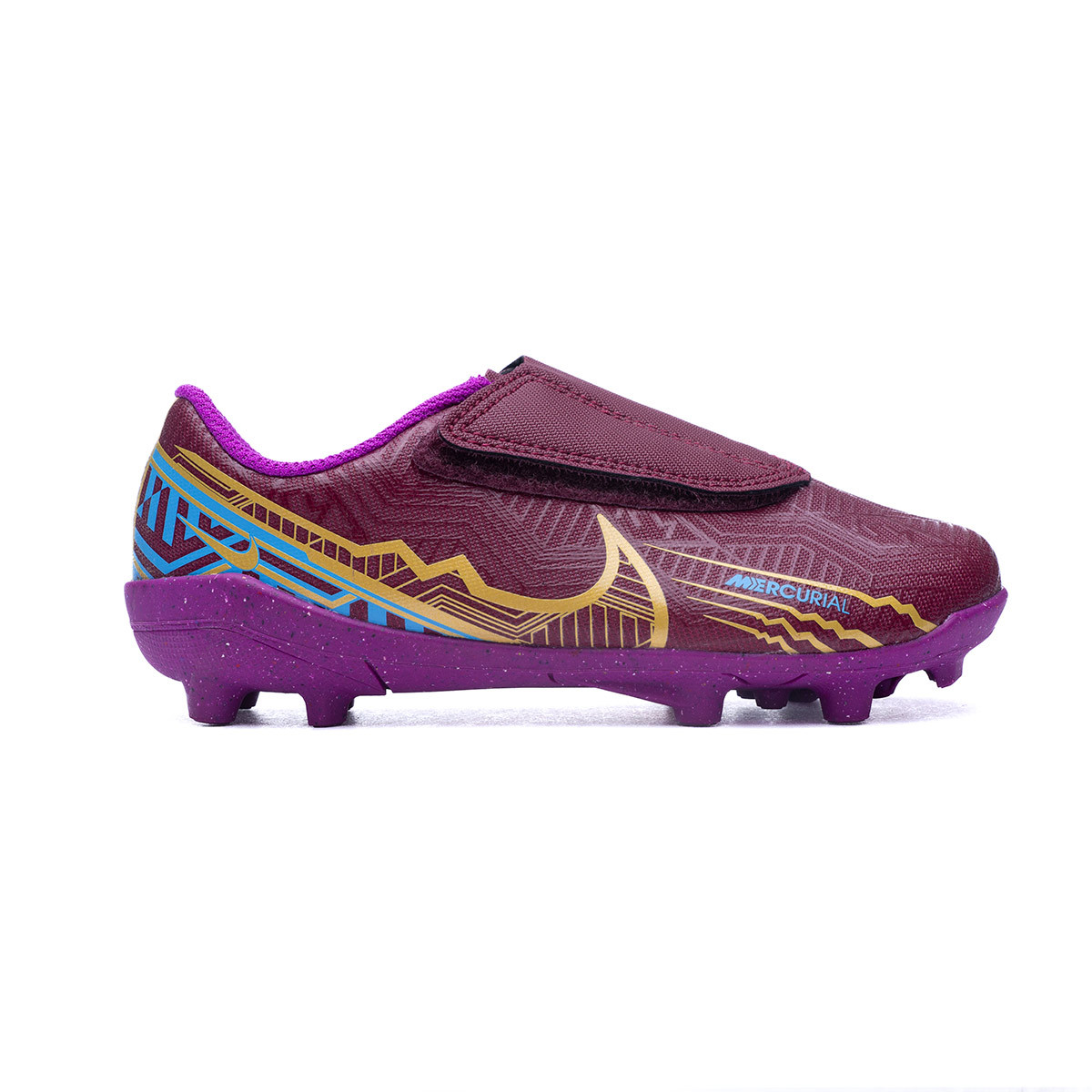 Bota de fútbol Nike Mercurial 15 Club Mbappé MG Cinta Adhesiva Niño Dark Beetroot-Metallic Vivid Gold - Fútbol Emotion