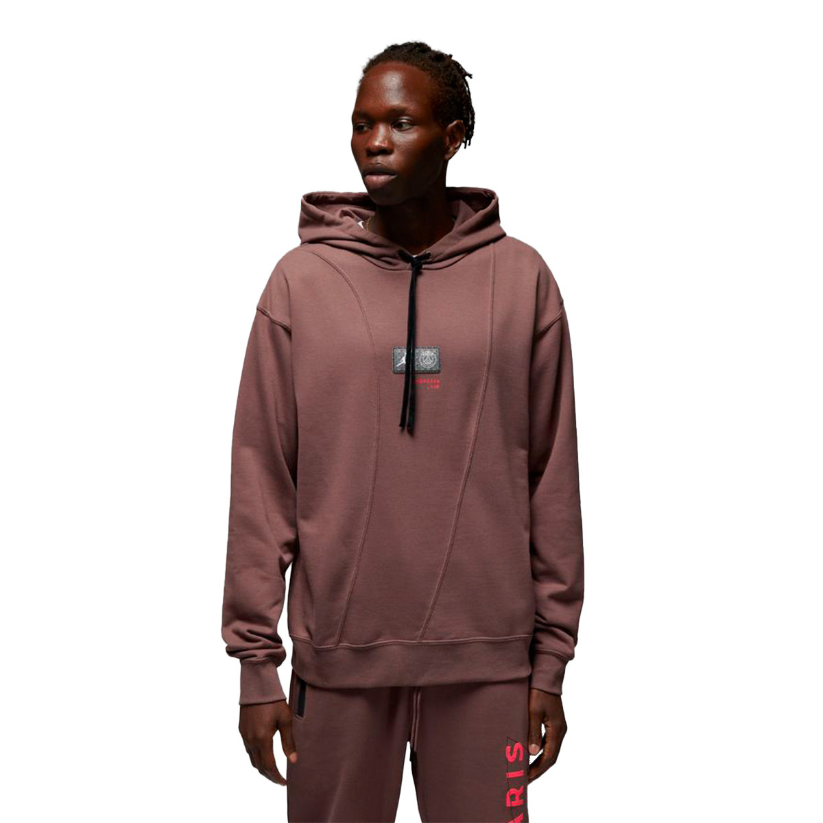 brown hoodie with pink writing