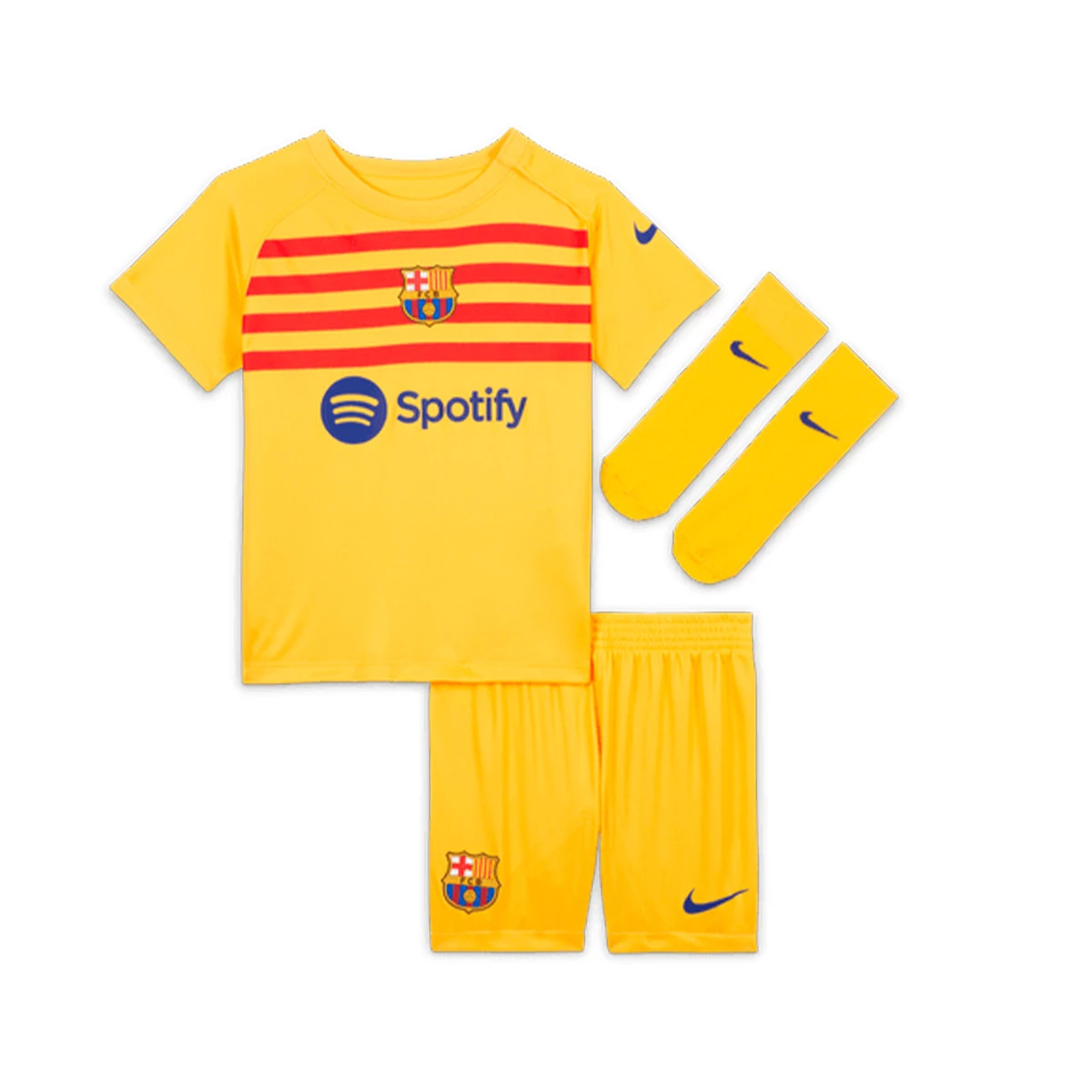 Conjunto Nike FC Barcelona Cuarta Equipación Stadium 2022-2023 Bebé  Yellow-University Red - Fútbol Emotion
