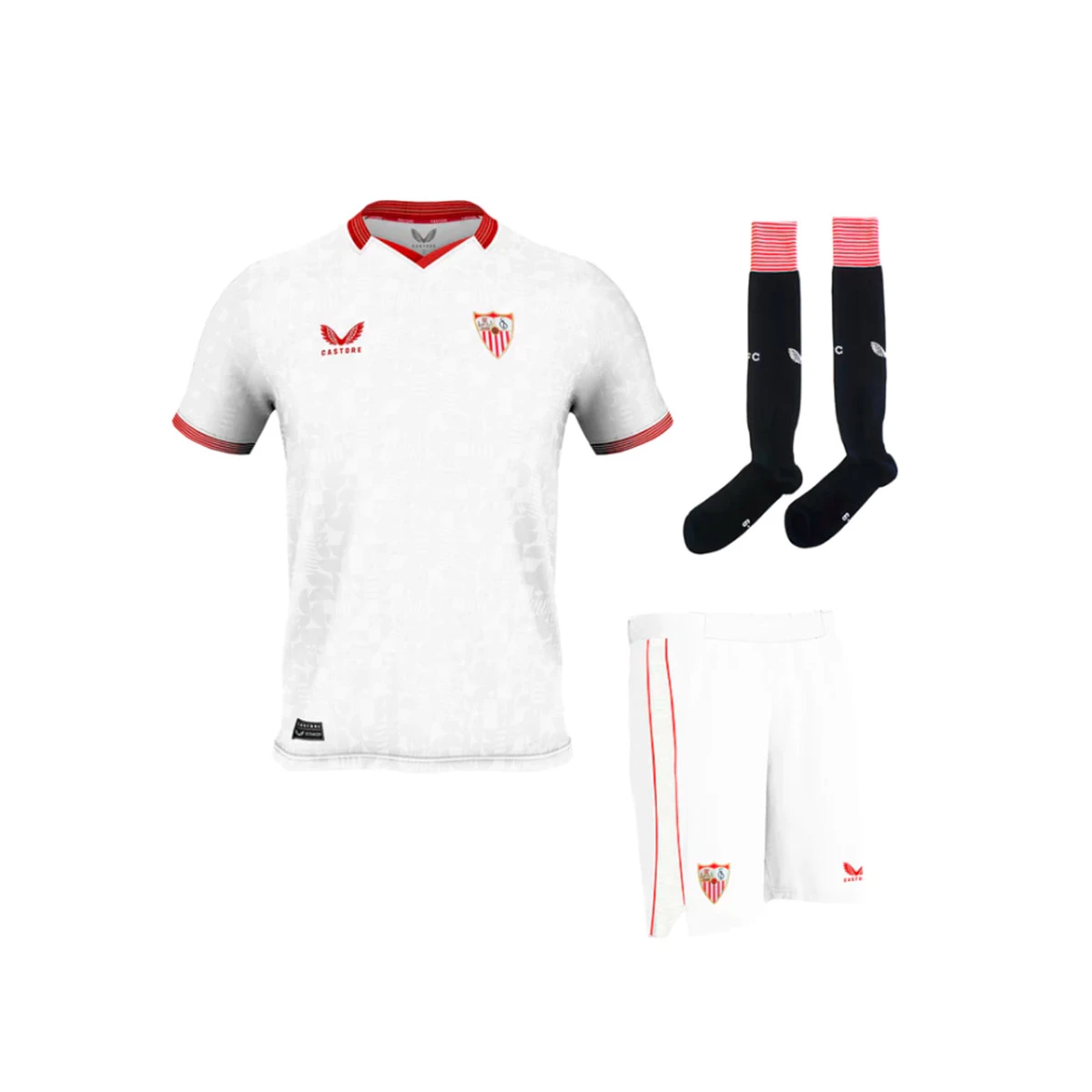 Completo Castore Siviglia FC Prima Divisa 2023 2024 Bambino Brilliant White True Red Futbol Emotion