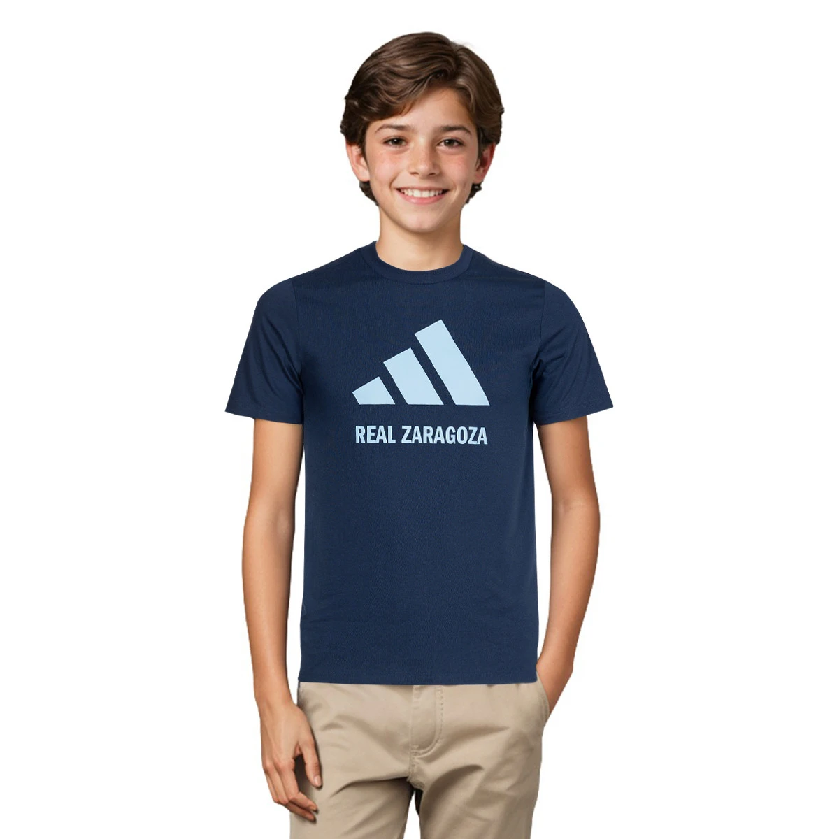adidas - T-Shirt Kids Real Zaragoza Cotton Logo Tee 25, Unisex, Team Navy Blu-Team Light Blue, 128 cm