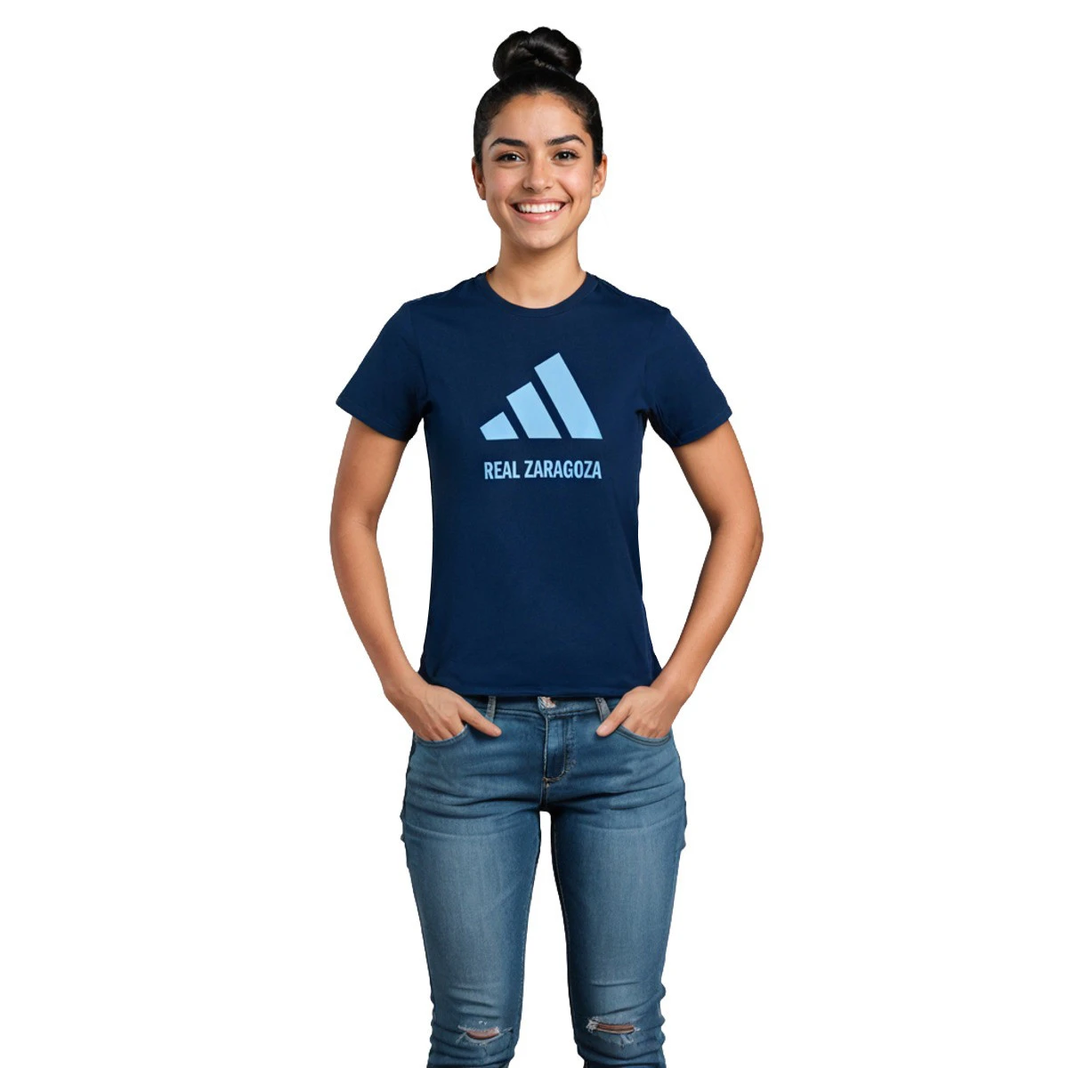 adidas - T-Shirt Women's Real Zaragoza Cotton Logo Tee 25, Mujer, Team Navy Blu-Team Light Blue, S